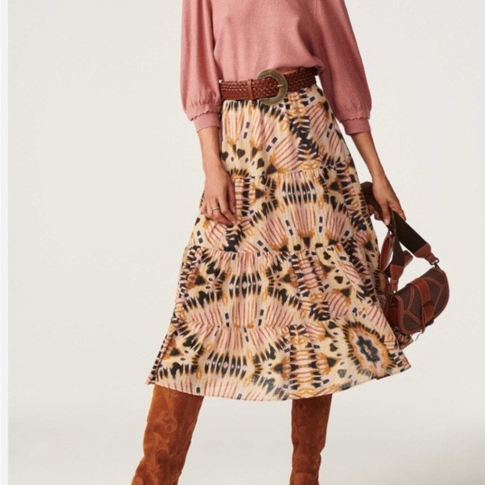 RACHEL ZOE ABSTRACT TIERED MAXI PRAIRIE SKIRT SIZE L HALF LINED PINK BROWN - Picture 1 of 9